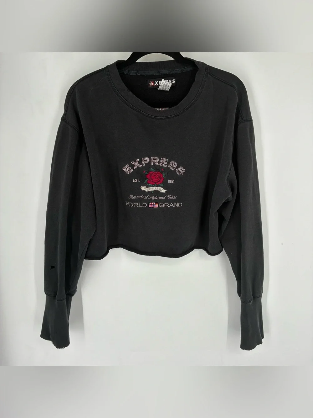 Vintage 90s Express Medium Embroidered Logo Floral Rose Cropped Sweater Black